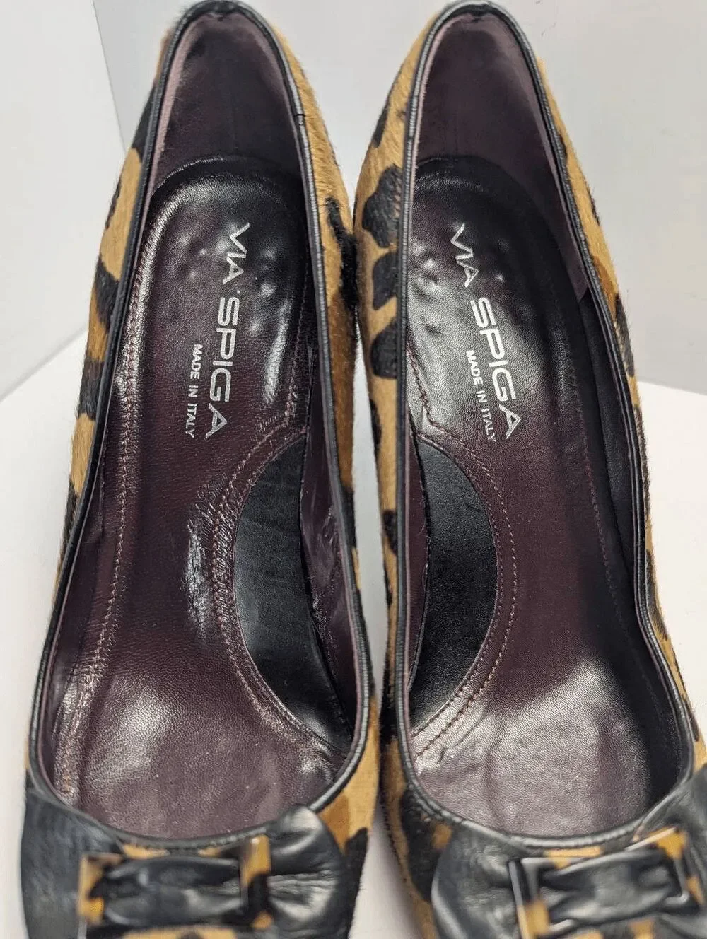 Vintage Via Spiga animal print calf hair pointed toe leather bow heels womens 6